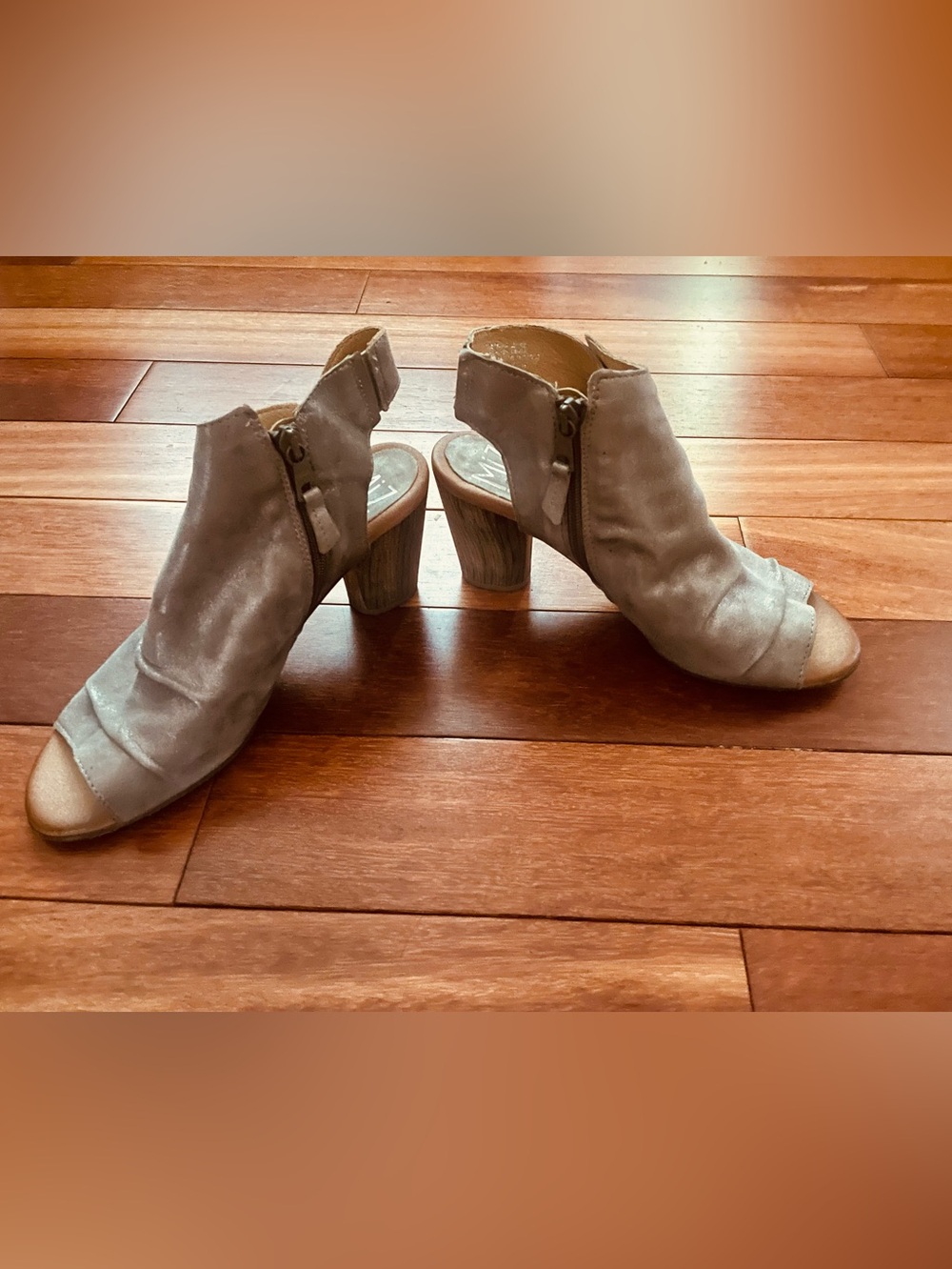 Miz-Mooz leather peep toe heeled sandals (stone metal color)